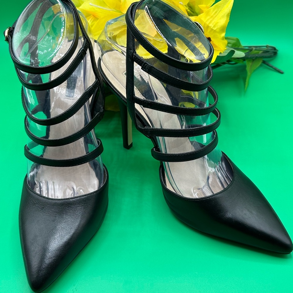 Guess Gwbelona Black Leather Pointy Toe 4” Strappy Heels Size 8 1/2 M